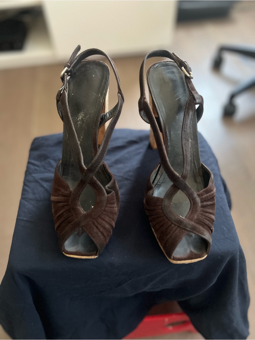 Prada Brown Suede Open-Toe Crisscross Slingback Heels